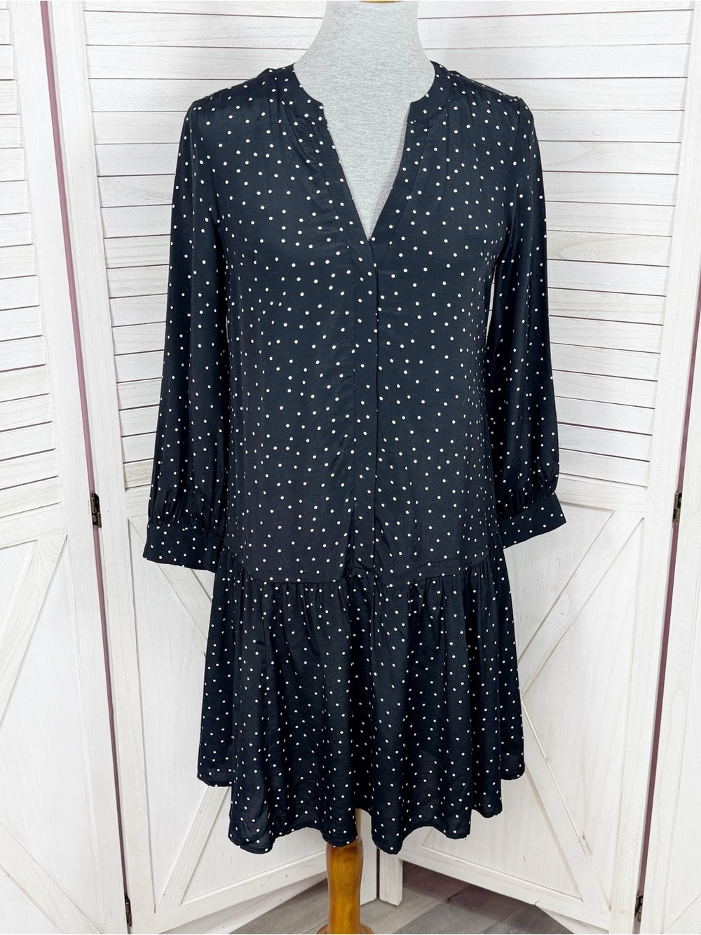 Gap Polka Dot Tiered Hem Drop Waist Shift Dress Black White 4 Long Sleeve‎
